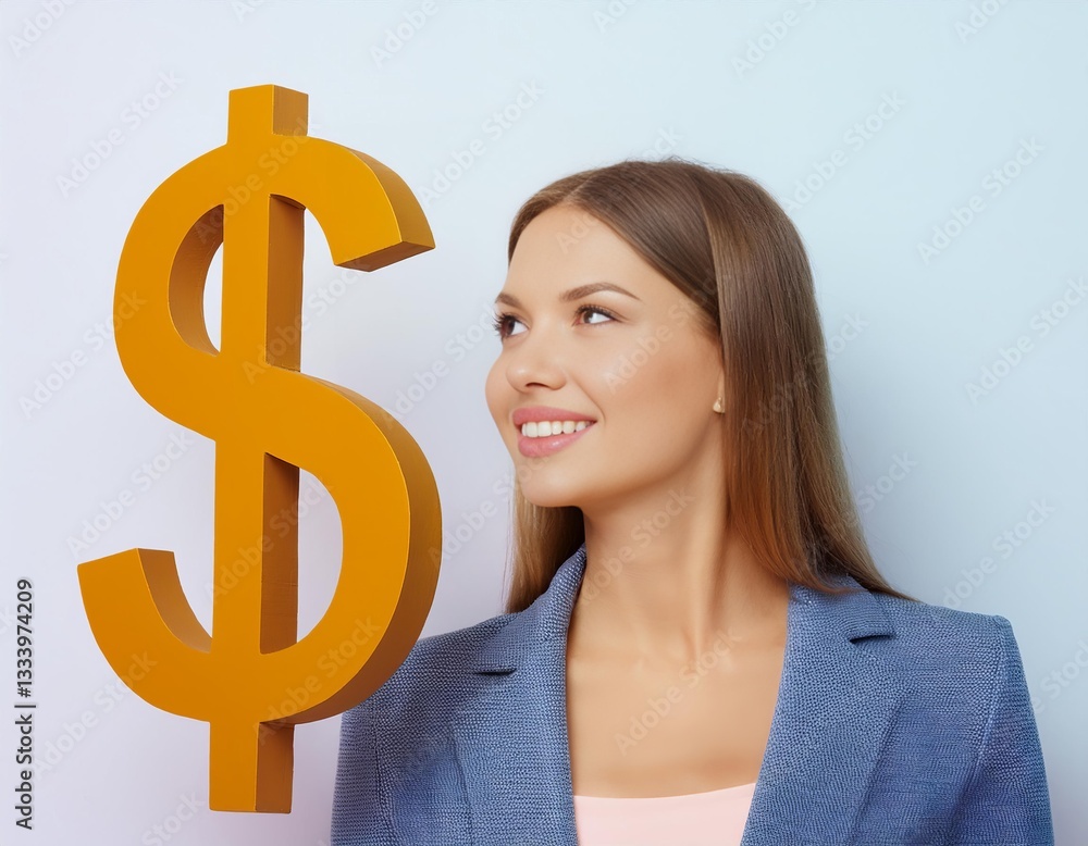 Businesswoman smiling and looking at a big golden dollar sign Businesswoman smiling and looking at a big golden dollar sign