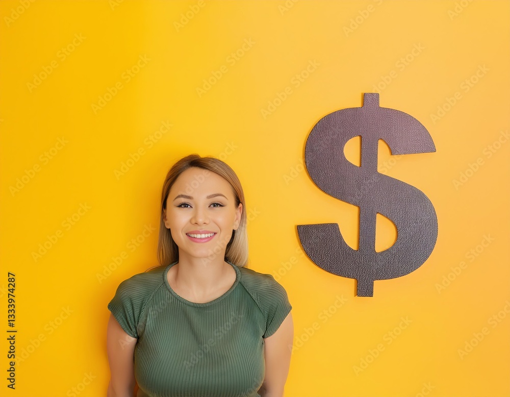 Young woman smiling next to a big dollar sign on yellow background Young woman smiling next to a big dollar sign on yellow background