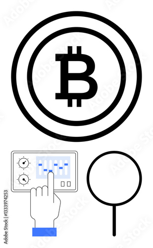 Bitcoin symbol in a circle, control panel with hand adjusting settings, and magnifier for analysis. Ideal for cryptocurrency, blockchain, trading, finance, technology investment. Minimalist flat