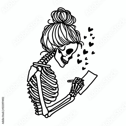 Female Skeleton messy bun vector silhouette writing love notes passionately to her beloved skull.