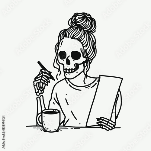 Female Skeleton messy bun writing a bucket list together for a whimsical afterlife adventure