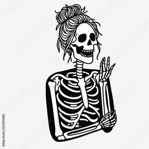 Female Skeleton messy bun telling jokes vector silhouette cracks wise about death and bones.