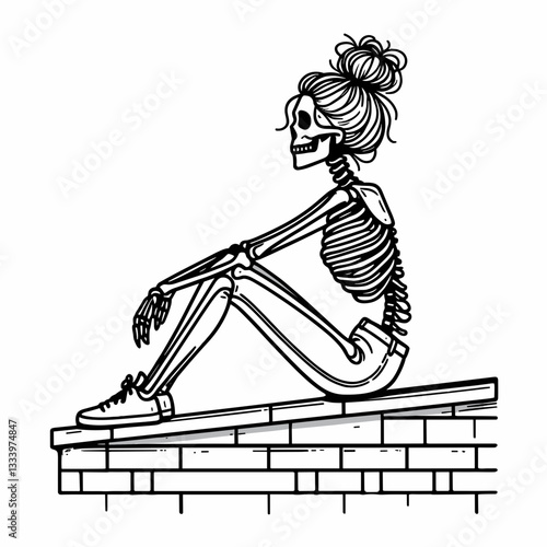 Female Skeleton messy bun sitting on a rooftop at sunset vector silhouette a gothic urban icon.