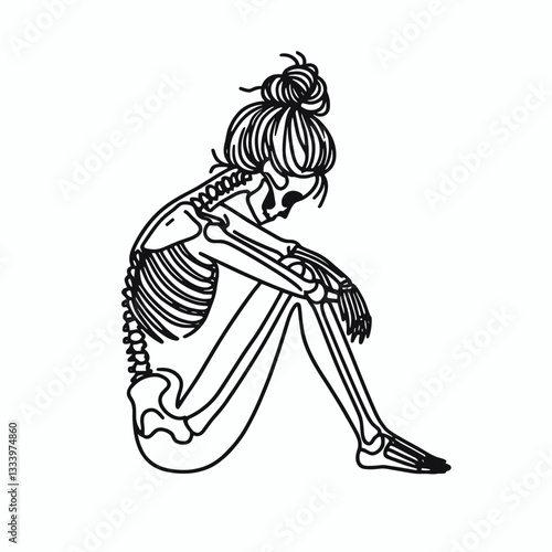 Female Skeleton messy bun sitting in silence vector silhouette—a contemplative pose, radiating quiet strength.