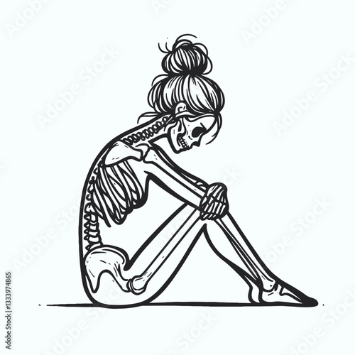 Female Skeleton messy bun sitting in silence vector silhouette; a contemplative pose, radiating quiet strength.