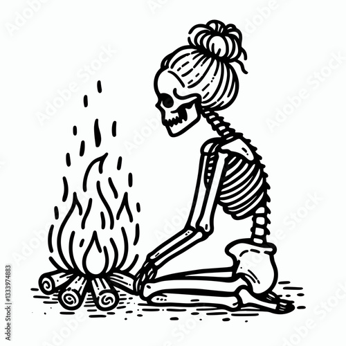Female Skeleton messy bun sitting by the fire vector silhouette; a whimsical, spooky mascot for a Halloween event.