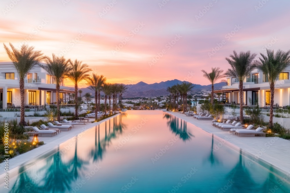 A desert oasis surrounded by dunes, with vibrant green palm trees and crystal-clear water reflecting a cloudless sky A desert oasis surrounded by dunes, with vibrant green palm trees and crystal-clear water reflecting a cloudless sky