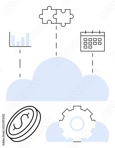 Cloud base linking bar chart, puzzle pieces, calendar, coin, and gear. Ideal for technology, data management, productivity teamwork business planning innovation. Flat simple metaphor