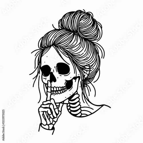 Female Skeleton messy bun sharing a vector silhouette secret whispered to a trusted friend.