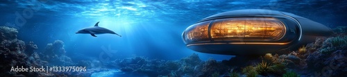 Futuristic Underwater Research Station with Dolphins Swimming Outside. Generative AI