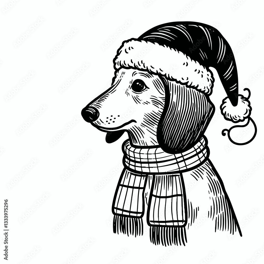 Fototapeta premium Dachshund dog wearing a santa hat wearing a scarf and hat vector mascot illustration a joyful holiday symbol
