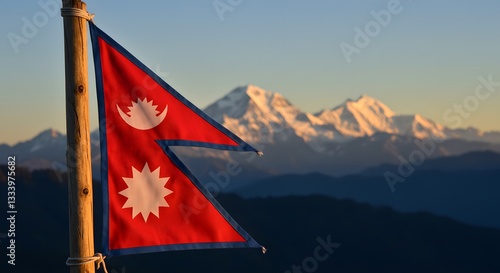 Nepal Flag Waving with Snow Capped Mountains at Sunset Travel Destination
