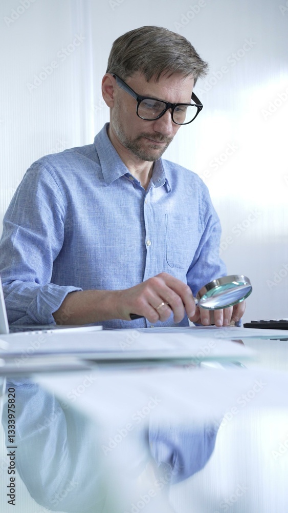 Businessman or accountant, wearing blue casual shirt and glasses, is using magnifying glass and calculator to analyze financial documents in office setting. Audit and taxes in business