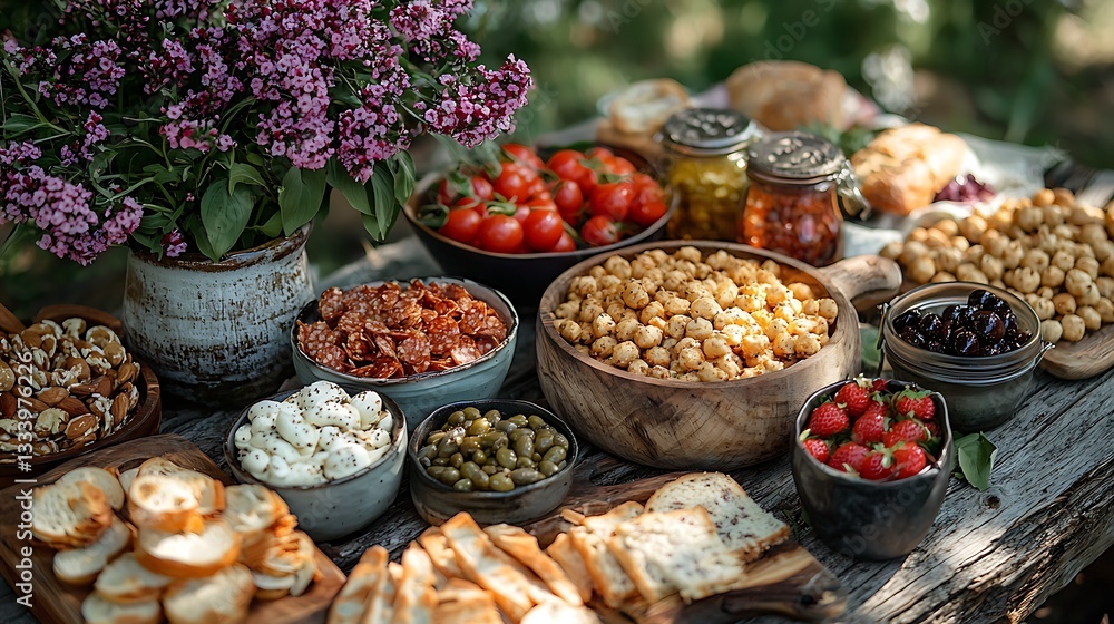 Fototapeta premium Bountiful Outdoor Picnic Spread Delicious Snacks Antipasto Fresh Fruit