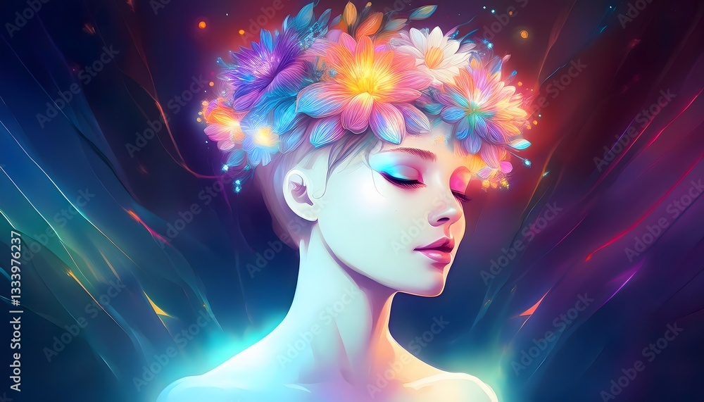 Woman wearing glowing flower crown expressing emotions Woman wearing glowing flower crown expressing emotions