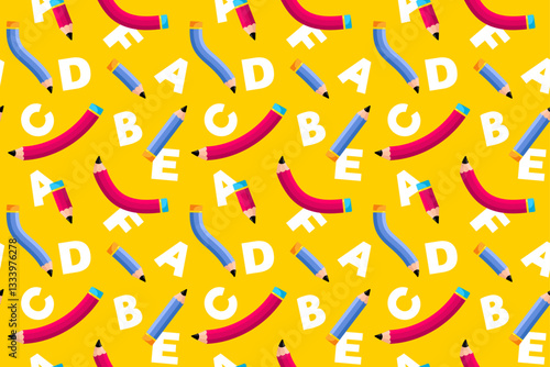 Seamless pattern with pencils on the isolated yellow background, autumn eve, back to school, cover, textile, fabric, packaging, clothing, wallpaper,  vector 
