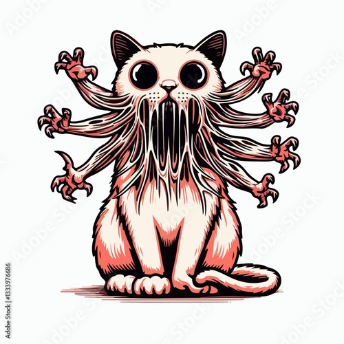 Creepy Cat Creature: A bizarre and unsettling illustration of a cat-like creature, exuding an aura of mystery and the uncanny, with an abundance of tentacles.