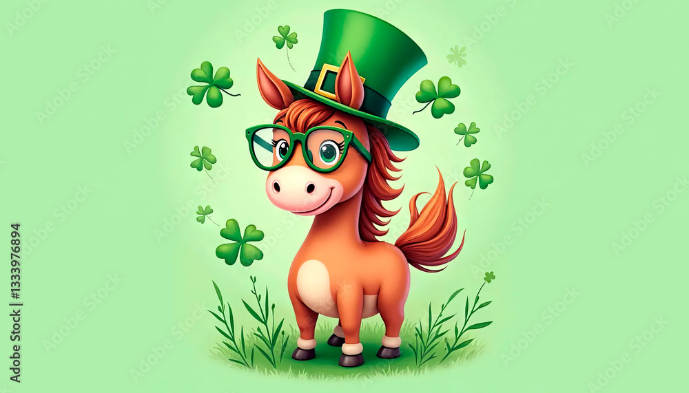 Fototapeta premium A cheerful horse wearing a green leprechaun hat and glasses, surrounded by clovers, celebrating St. Patrick's Day