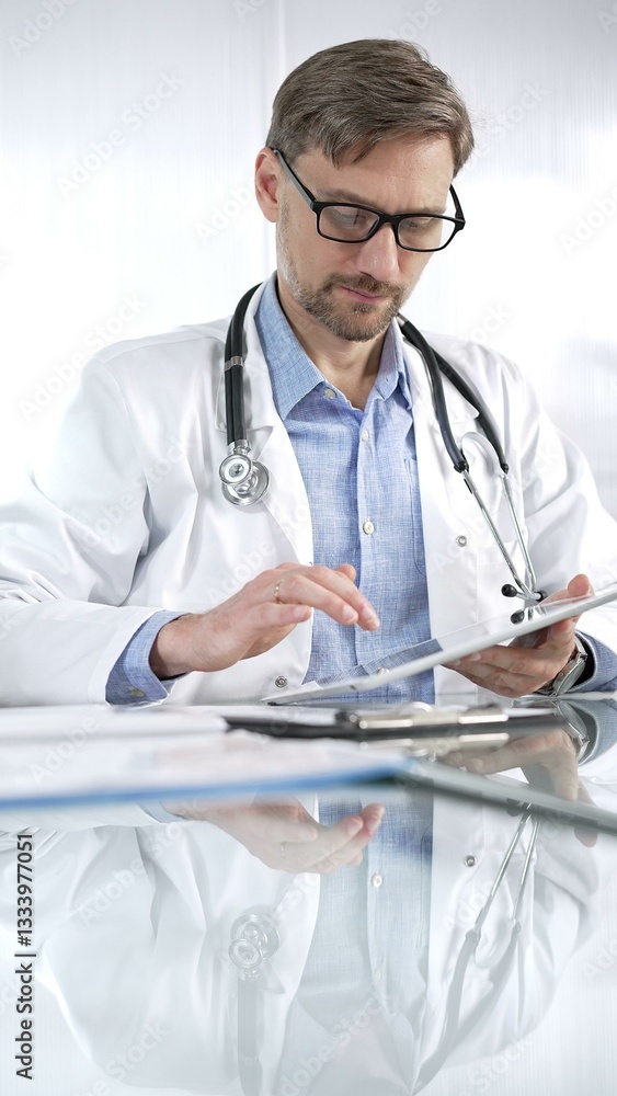 Doctor man in blue shirt under a white coat, glasses and stethoscope is using digital tablet in modern healthcare setting, interacting with patient data, vertical portrait view. Medicine and science
