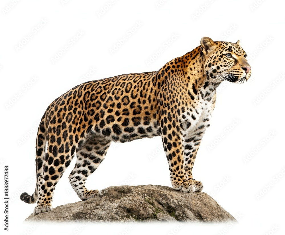 Majestic leopard standing on a rock with a stunning coat of spots, showcasing its strength and grace in a naturalistic pose, isolated on a white background Majestic leopard standing on a rock with a stunning coat of spots, showcasing its strength and grace in a naturalistic pose, isolated on a white background