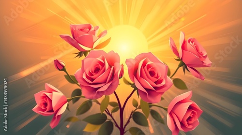 Pink roses with a yellow sunrays background. Illustration.