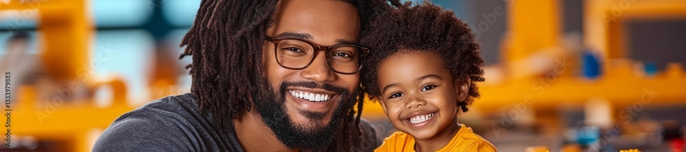 Obraz premium Father and Son Sharing a Bright Smile in a Playful Home Environment. Generative AI