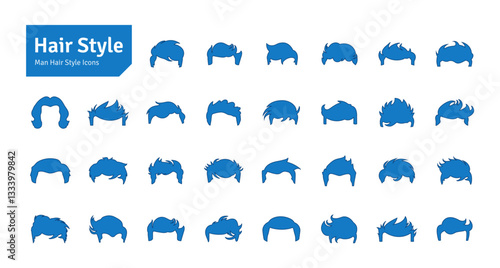 Man Hairstyles Blue Vector Set. Barbershop and Haircut Graphic Collection. Vector Set of Dress Up Constructor. Hipster Men Style Creation Kit Elements.