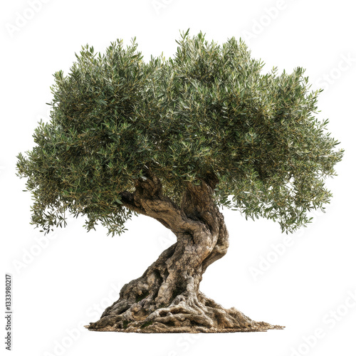 Beautiful olive tree with twisted trunk and dense green foliage isolated on white background