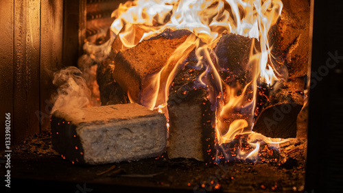 Eco-friendly compressed wood briquettes ignite a warm, inviting fire in a modern stove, showcasing sustainable heating and cozy ambiance for any home