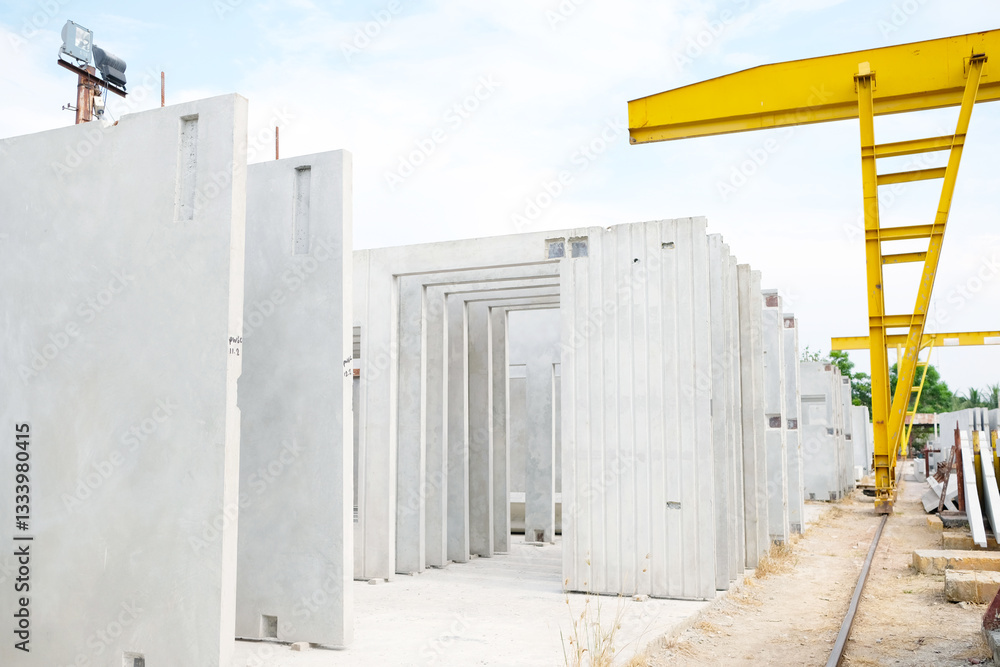 Precast concrete wall factory or precast concrete wall construction site. Precast concrete wall factory or precast concrete wall construction site.