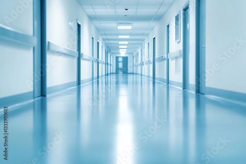 Wallpaper Mural Hospital hallway perspective with blue tones and shiny floor for medical backdrop or wallpaper Torontodigital.ca