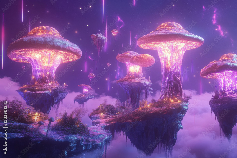 Surreal fantasy world with bioluminescent mushroom islands floating in vibrant purple cosmic sky. Dreamy landscape