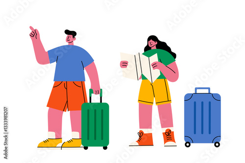 Tourists with luggage and map. Flat vector illustration of two tourists with suitcases, one holding a map. Summer vacation, adventure, and travel concept.