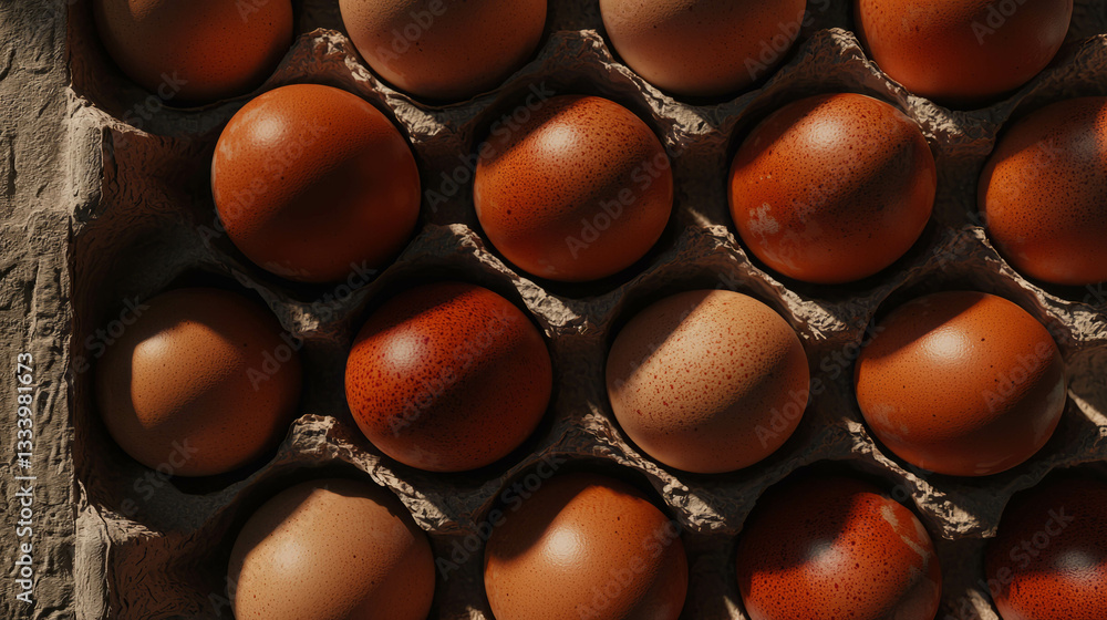 Realistic dozen brown eggs in carton - natural food concept for organic cooking and baking Realistic dozen brown eggs in carton - natural food concept for organic cooking and baking