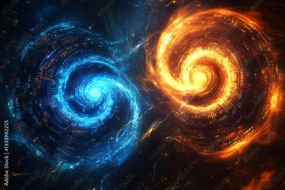 Swirling blue and orange vortex in space. Abstract cosmic energy swirls with fire and ice effect