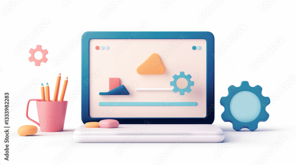 Modern Desktop with Colorful 3D Elements and Office Supplies for Creative Workspaces Modern Desktop with Colorful 3D Elements and Office Supplies for Creative Workspaces
