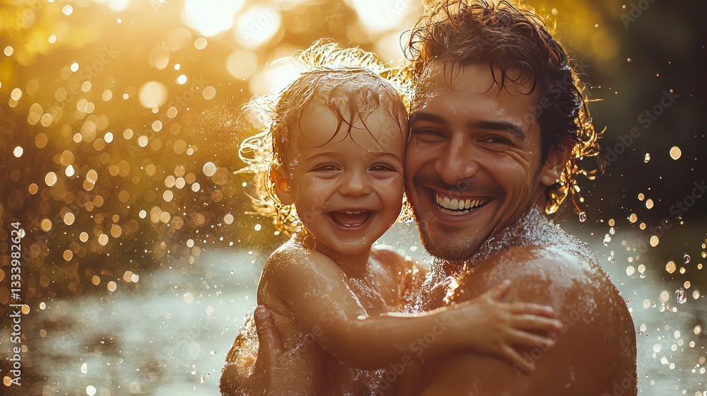 Obraz premium Joyful father and toddler splashing in sunlit stream