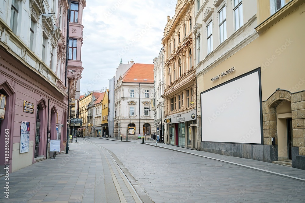 Empty European Street with Blank Billboard, Old Architecture, Daytime Empty European Street with Blank Billboard, Old Architecture, Daytime