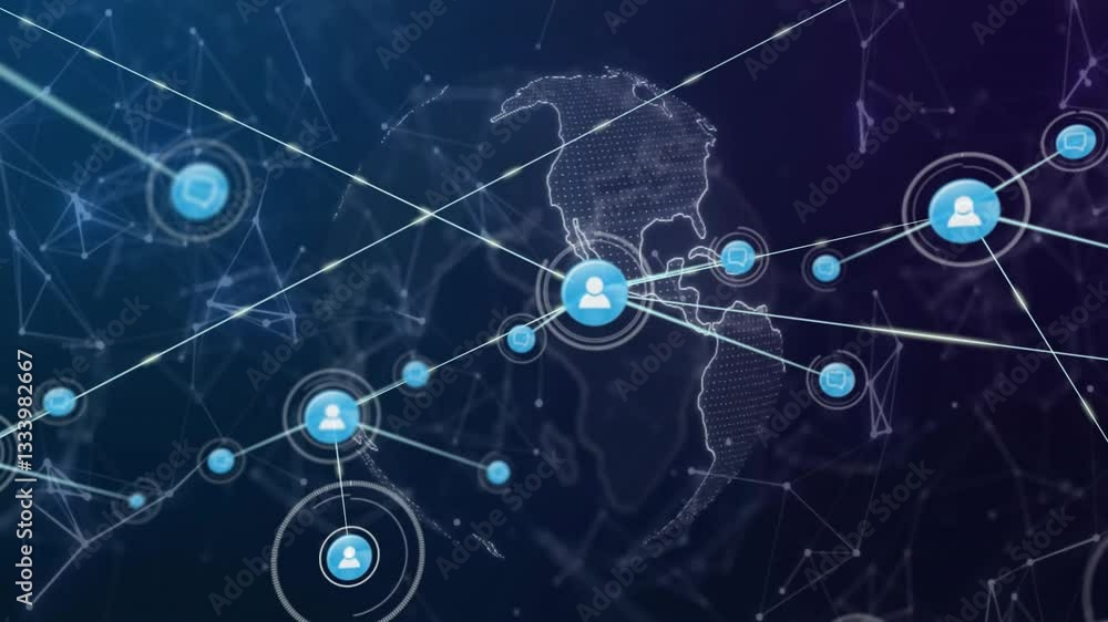 Network of connections and data processing animation over world map background Network of connections and data processing animation over world map background