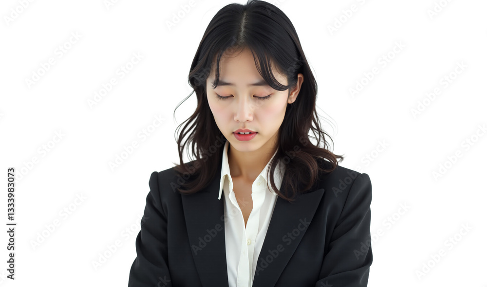 Frustrated Japanese businesswoman stressed tired eyes closed looking down in black blazer white shirt isolated on white background. Corporate stress, mental health visuals.