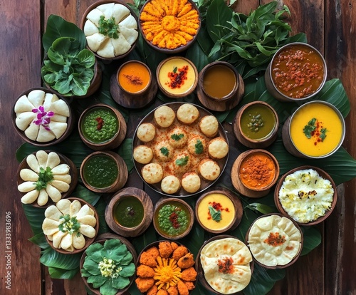 A vibrant array of colorful, diverse dishes arranged in a circular pattern.  Decorated with fresh herbs and edible flowers, showcasing a variety of textures and flavors photo