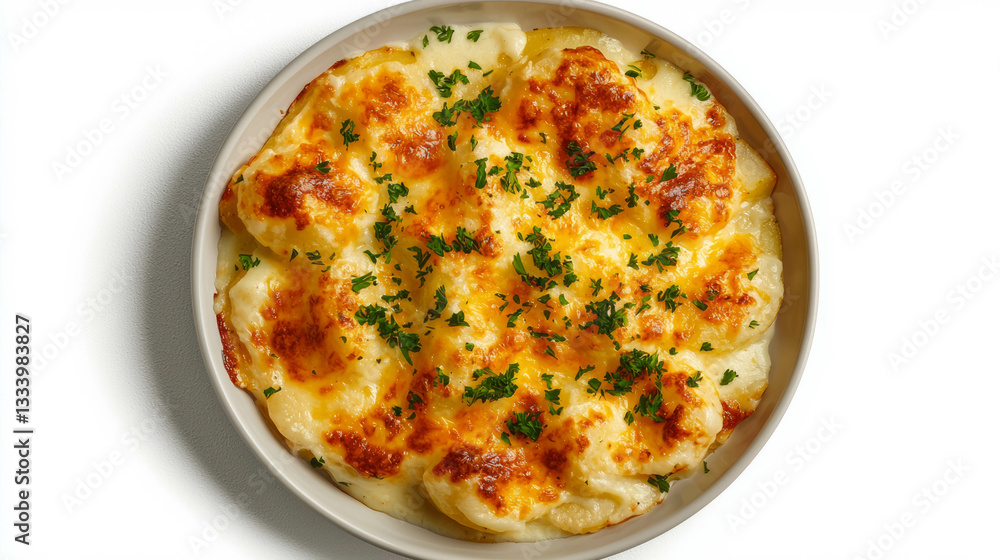 Creamy potato gratin dish with herbs and golden cheese topping for home cooking inspiration Creamy potato gratin dish with herbs and golden cheese topping for home cooking inspiration