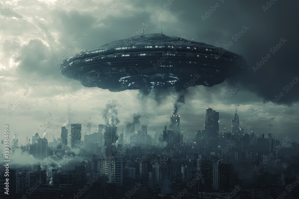 a gigantic alien spaceship hovering ominously over a city skyline. The sky is filled with dark, ominous clouds, and the city below appears to be engulfed in a thick haze a gigantic alien spaceship hovering ominously over a city skyline. The sky is filled with dark, ominous clouds, and the city below appears to be engulfed in a thick haze