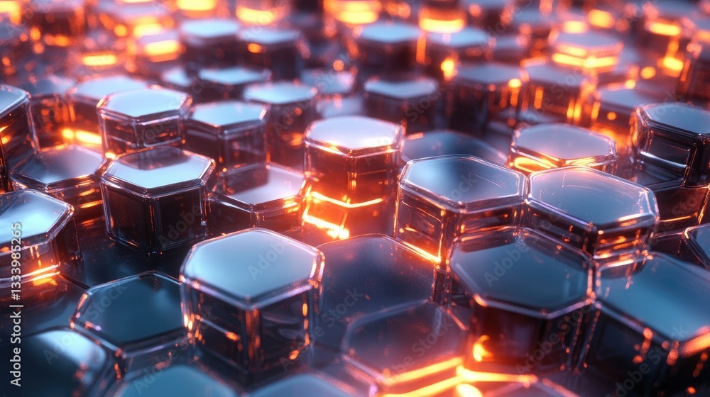 High-Tech Abstract Background with Glowing Honeycomb Pattern and Reflections in Futuristic Style High-Tech Abstract Background with Glowing Honeycomb Pattern and Reflections in Futuristic Style