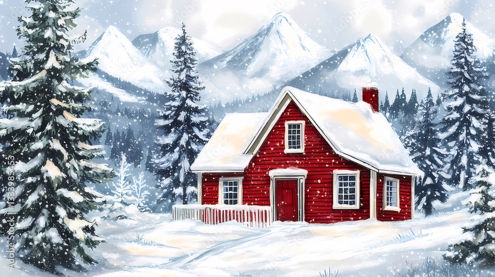 Red Cabin in Snowy Mountain Winter Wonderland Red Cabin in Snowy Mountain Winter Wonderland
