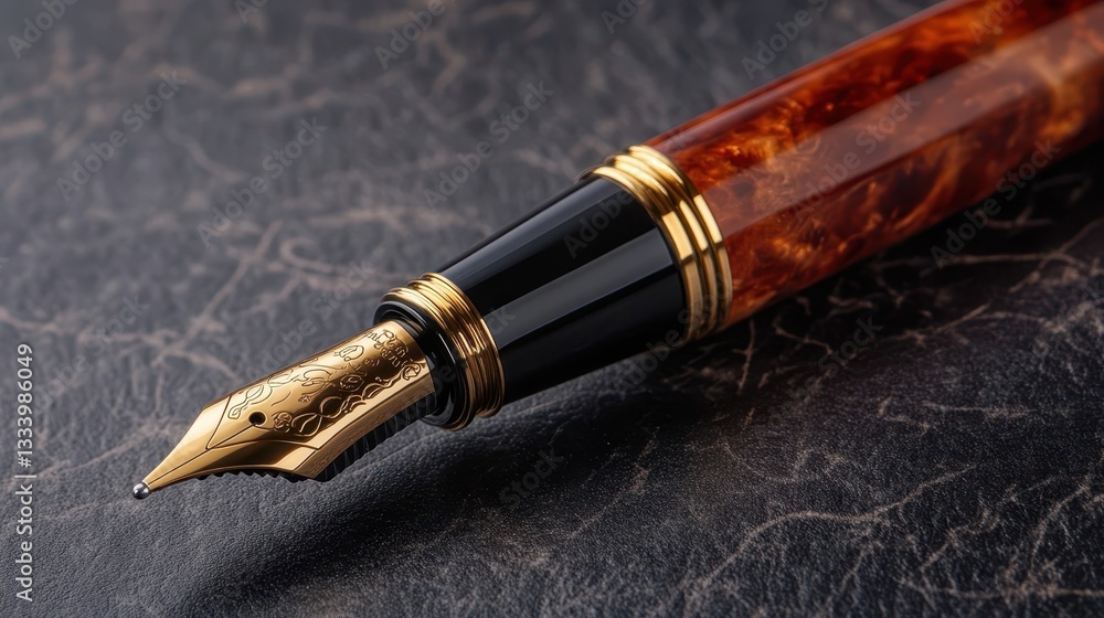 A beautiful gold fountain pen rests on a textured surface A beautiful gold fountain pen rests on a textured surface