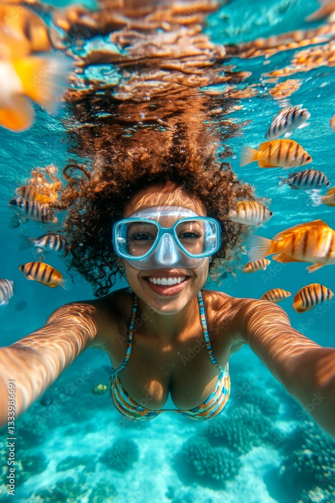 Fototapeta premium Many tropical fish swim next to her. A stunning and sexy happy mixed-race young woman with curly hair with a happy face snorkeling among the corals. Bright commercial style image.