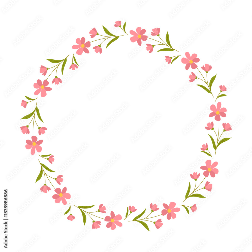 Beautiful round frame with wildflowers. Simple flat style. Bright illustration for card, invitation card for wedding, birthday and other holiday and cute spring background.Vector illustration. Beautiful round frame with wildflowers. Simple flat style. Bright illustration for card, invitation card for wedding, birthday and other holiday and cute spring background.Vector illustration.