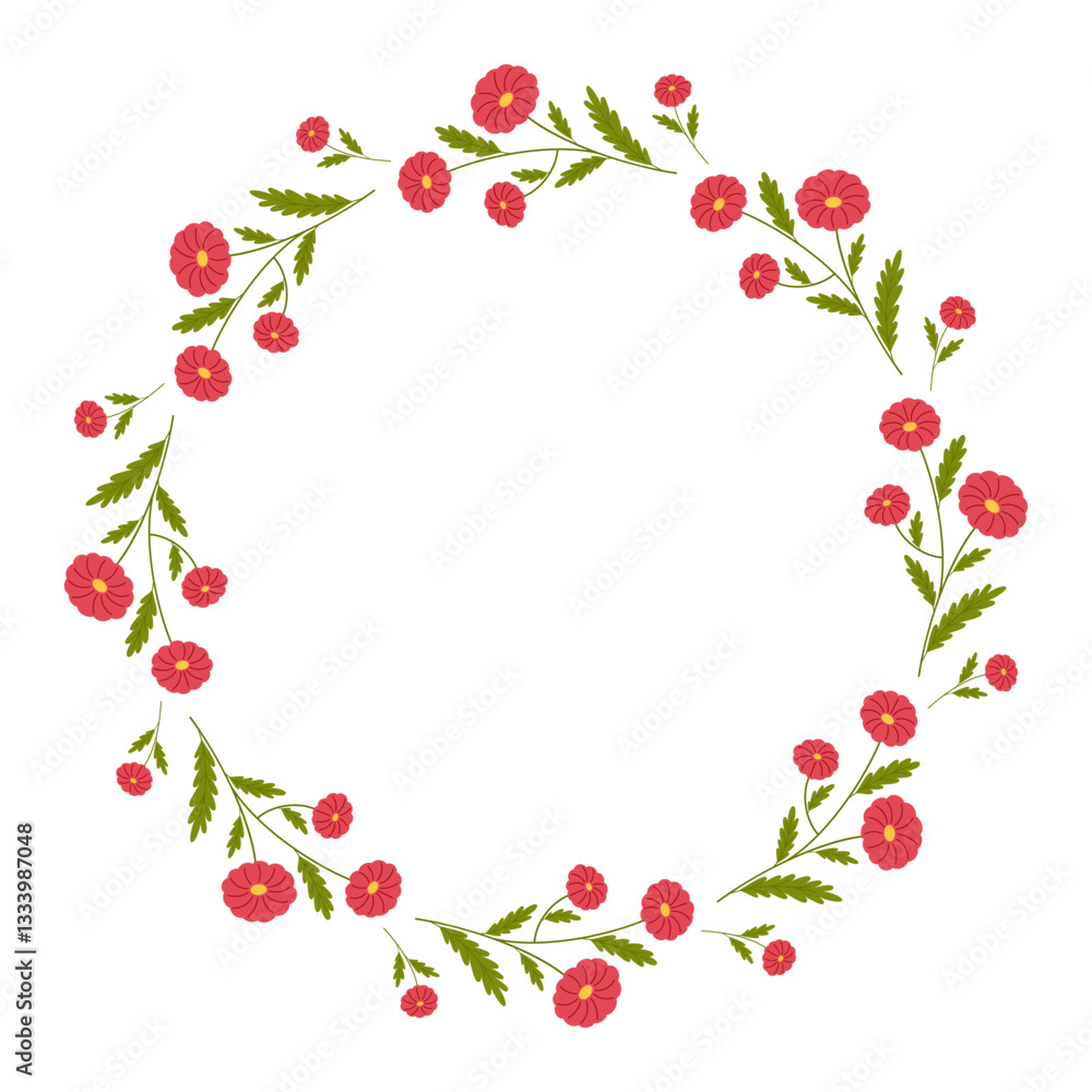 Beautiful round frame with wildflowers. Simple flat style. Bright illustration for card, invitation card for wedding, birthday and other holiday and cute spring background.Vector illustration. Beautiful round frame with wildflowers. Simple flat style. Bright illustration for card, invitation card for wedding, birthday and other holiday and cute spring background.Vector illustration.