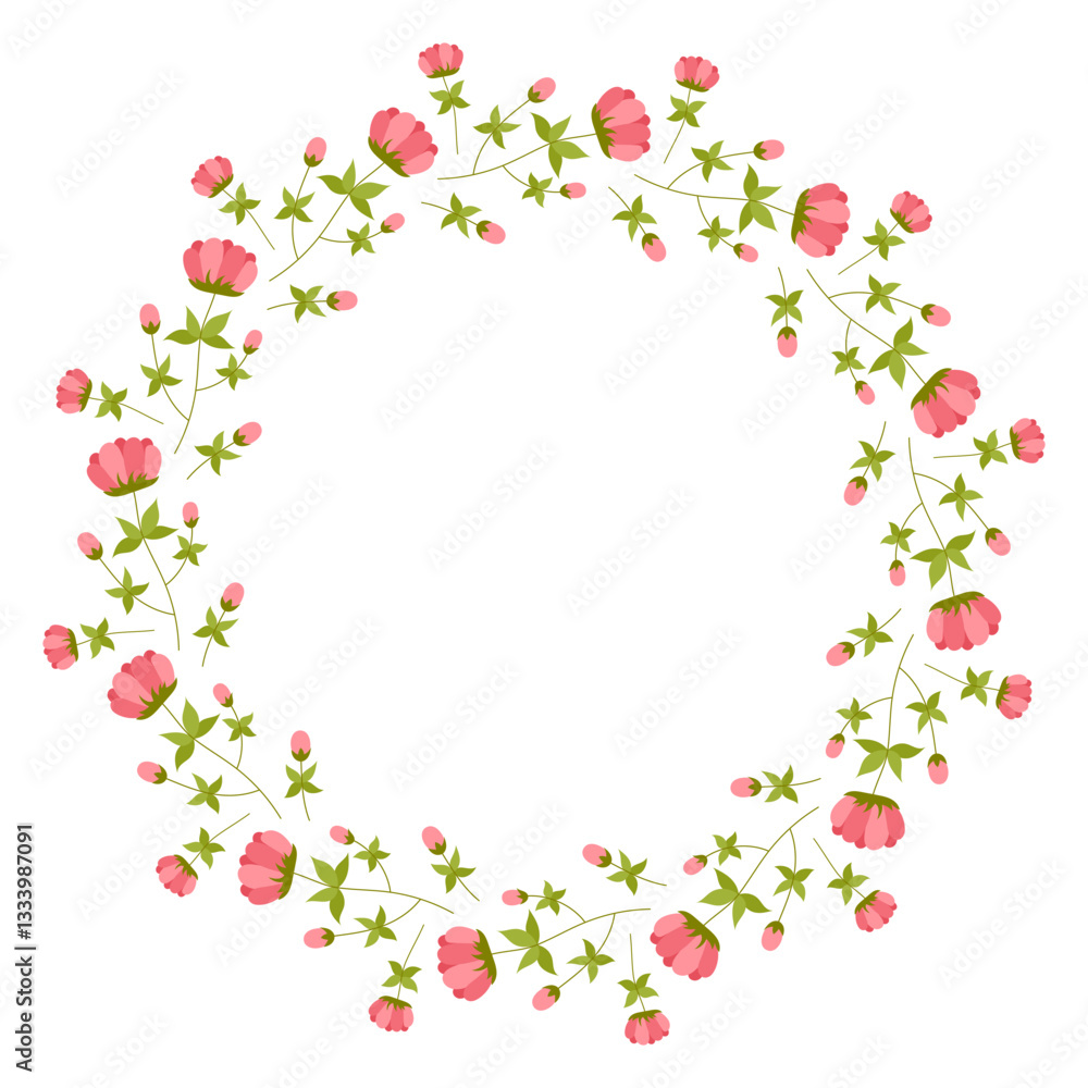 Beautiful round frame with wildflowers. Simple flat style. Bright illustration for card, invitation card for wedding, birthday and other holiday and cute spring background.Vector illustration. Beautiful round frame with wildflowers. Simple flat style. Bright illustration for card, invitation card for wedding, birthday and other holiday and cute spring background.Vector illustration.